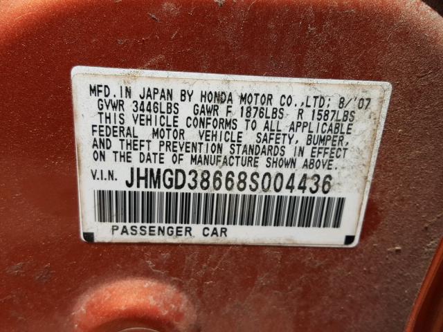 JHMGD38668S004436 - 2008 HONDA FIT SPORT ORANGE photo 10