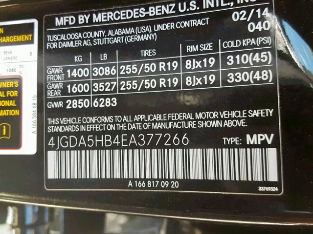 4JGDA5HB4EA377266 - 2014 MERCEDES-BENZ ML 350 4MA BLACK photo 10