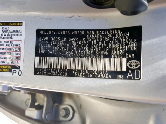 2T1BY32E15C368339 - 2005 TOYOTA COROLLA XR SILVER photo 10