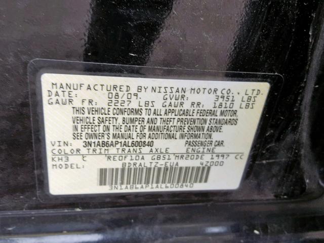 3N1AB6AP1AL600840 - 2010 NISSAN SENTRA 2.0 BLACK photo 10