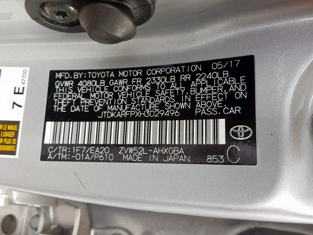 JTDKARFPXH3029496 - 2017 TOYOTA PRIUS PRIM 银色 照片 10