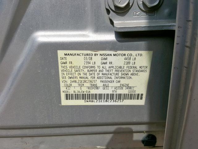 1N4BL21E18C236257 - 2008 NISSAN ALTIMA 3.5 SILVER photo 10