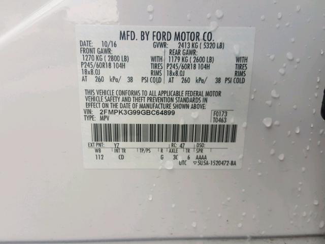 2FMPK3G99GBC64899 - 2016 FORD EDGE SE WHITE photo 10