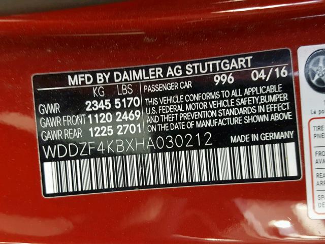 WDDZF4KBXHA030212 - 2017 MERCEDES-BENZ E 300 4MAT RED photo 10