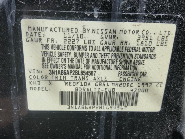 3N1AB6AP2BL654567 - 2011 NISSAN SENTRA 2.0 BLACK photo 10