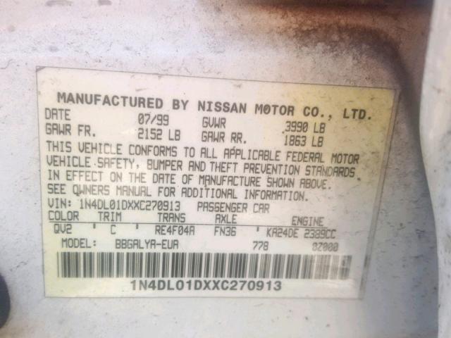 1N4DL01DXXC270913 - 1999 NISSAN ALTIMA XE WHITE photo 10