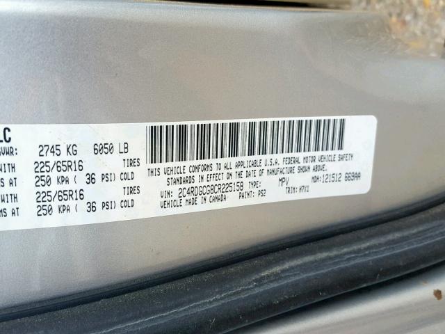 2C4RDGCG8CR225158 - 2012 DODGE GRAND CARA SILVER photo 10