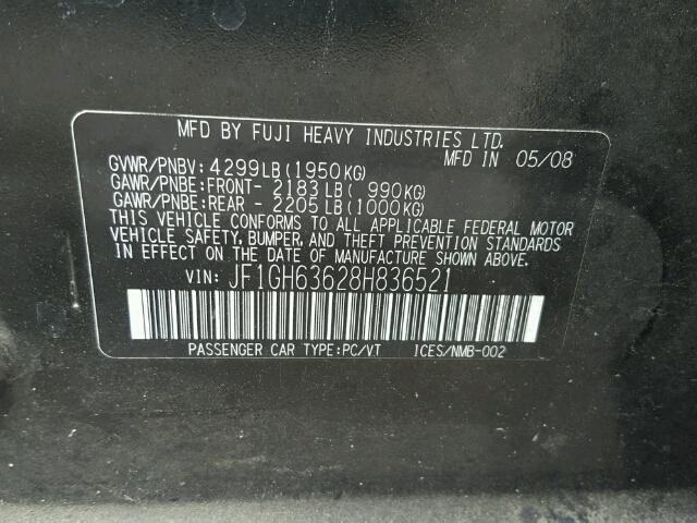 JF1GH63628H836521 - 2008 SUBARU IMPREZA OU BLACK photo 10