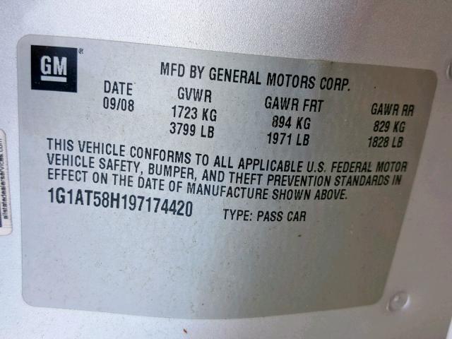 1G1AT58H197174420 - 2009 CHEVROLET COBALT LT SILVER photo 10