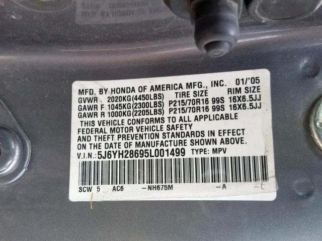 5J6YH28695L001499 - 2005 HONDA ELEMENT EX GRAY photo 10