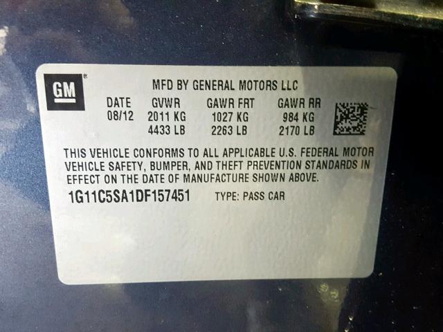 1G11C5SA1DF157451 - 2013 CHEVROLET MALIBU 1LT 蓝色 照片 10