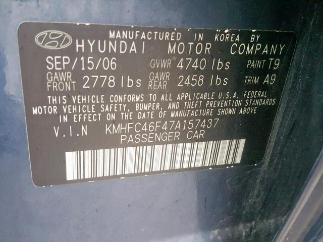 KMHFC46F47A157437 - 2007 HYUNDAI AZERA SE BLUE photo 10