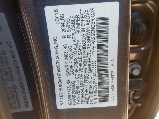 1HGCV2F60JA035530 - 2018 HONDA ACCORD EXL GRAY photo 10