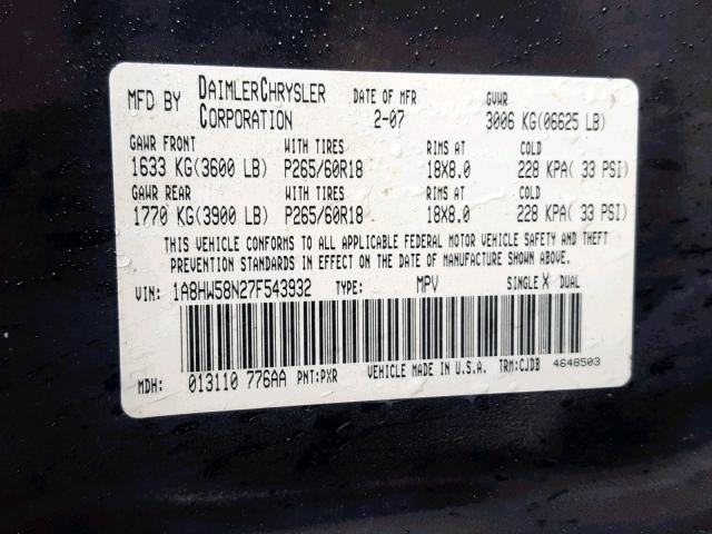 1A8HW58N27F543932 - 2007 CHRYSLER ASPEN LIMI BLACK photo 10