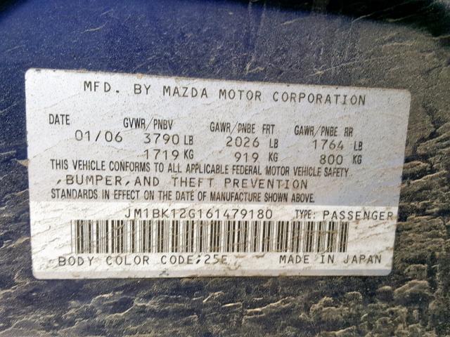 JM1BK12G161479180 - 2006 MAZDA 3 I BLUE photo 10