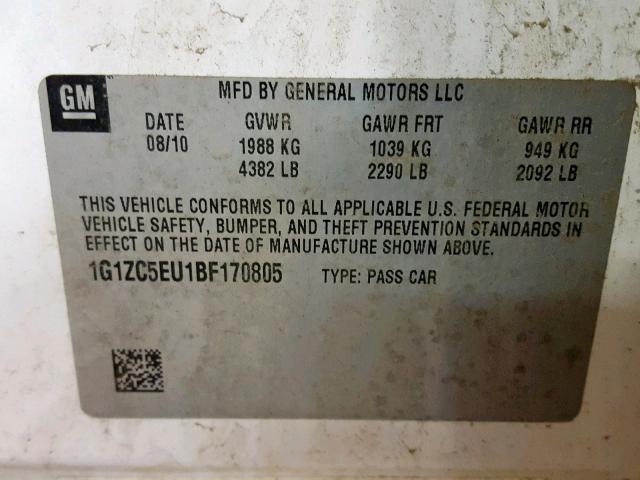 1G1ZC5EU1BF170805 - 2011 CHEVROLET MALIBU 1LT WHITE photo 10