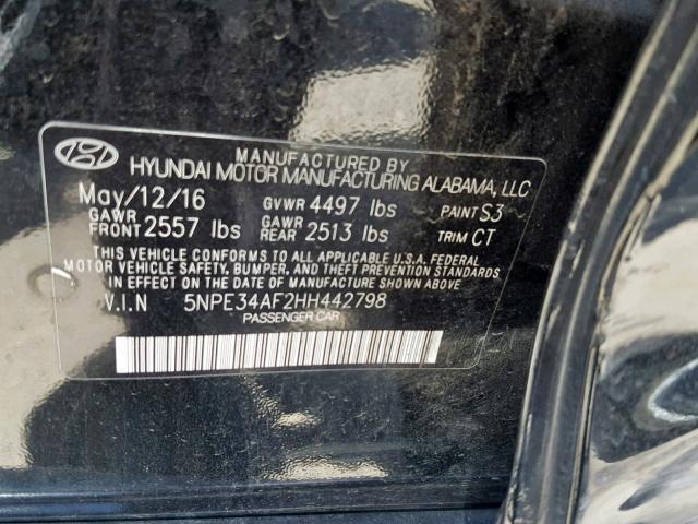 5NPE34AF2HH442798 - 2017 HYUNDAI SONATA SPO BLACK photo 10