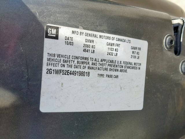 2G1WF52E449198018 - 2004 CHEVROLET IMPALA GRAY photo 10