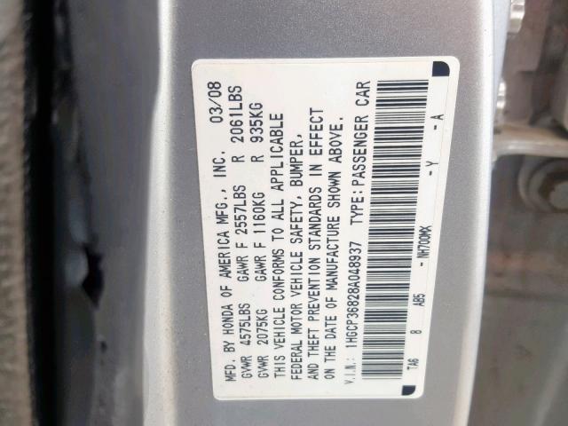 1HGCP36828A048937 - 2008 HONDA ACCORD EXL SILVER photo 10