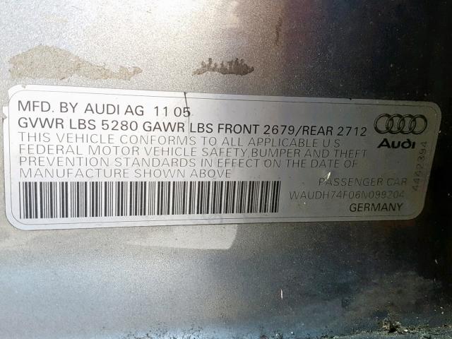 WAUDH74F06N099204 - 2006 AUDI A6 3.2 QUA GRAY photo 10