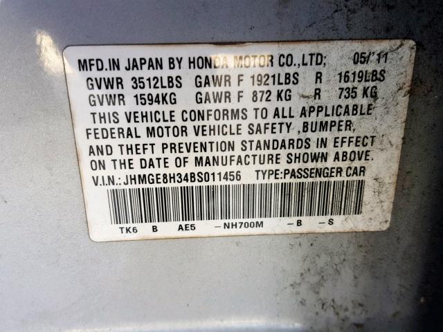 JHMGE8H34BS011456 - 2011 HONDA FIT SILVER photo 10