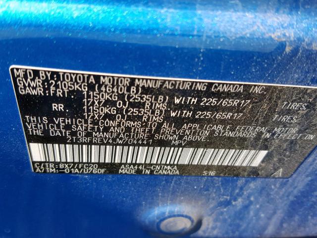 2T3RFREV4JW704441 - 2018 TOYOTA RAV4 ADVEN BLUE photo 10