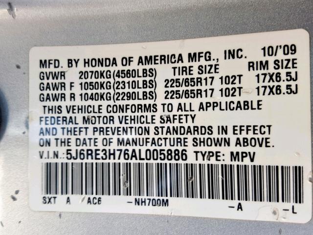 5J6RE3H76AL005886 - 2010 HONDA CR-V EXL SILVER photo 10