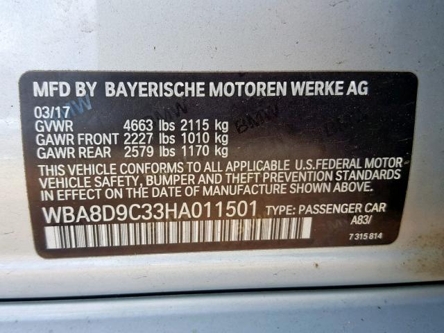 WBA8D9C33HA011501 - 2017 BMW 330 XI GRAY photo 10