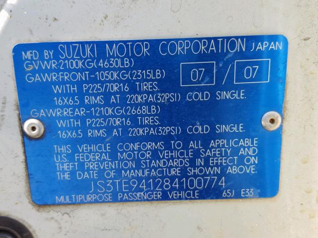 JS3TE941284100774 - 2008 SUZUKI GRAND VITA WHITE photo 10