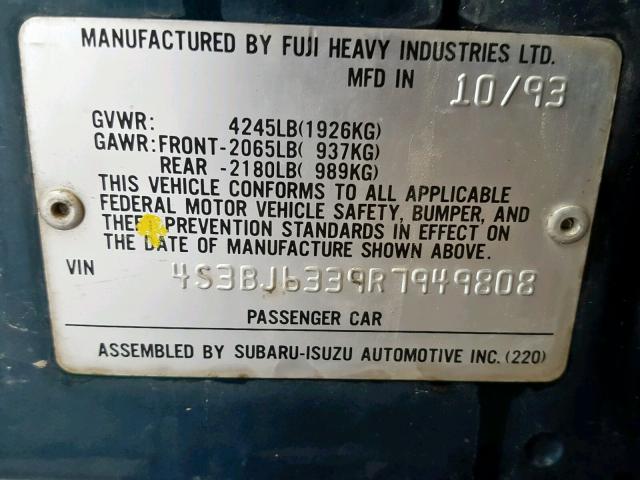 4S3BJ6339R7949808 - 1994 SUBARU LEGACY L GREEN photo 10