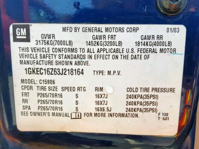 1GKEC16Z63J218164 - 2003 GMC YUKON XL C BLUE photo 10