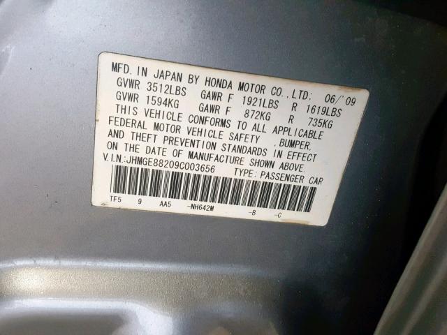 JHMGE88209C003656 - 2009 HONDA FIT SILVER photo 10