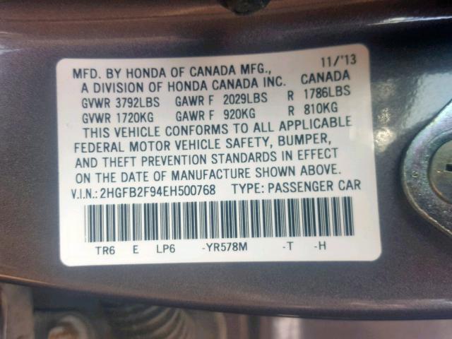 2HGFB2F94EH500768 - 2014 HONDA CIVIC EXL GRAY photo 10