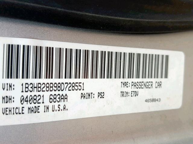 1B3HB28B98D728551 - 2008 DODGE CALIBER SILVER photo 10