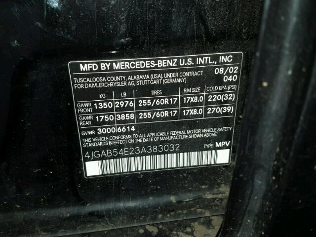 4JGAB54E23A383032 - 2003 MERCEDES-BENZ ML 320 BLACK photo 10