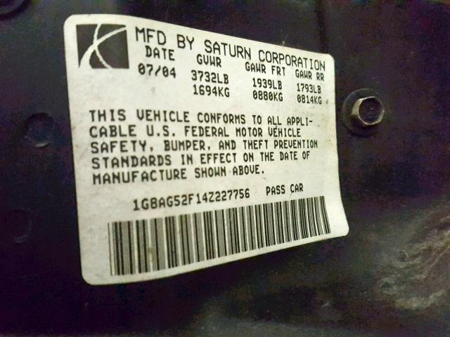 1G8AG52F14Z227756 - 2004 SATURN ION LEVEL BLACK photo 10