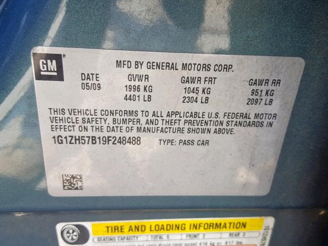 1G1ZH57B19F248488 - 2009 CHEVROLET MALIBU 1LT 绿色 照片 10