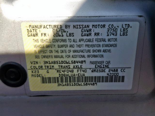 3N1AB51D06L584489 - 2006 NISSAN SENTRA SE- SILVER photo 10