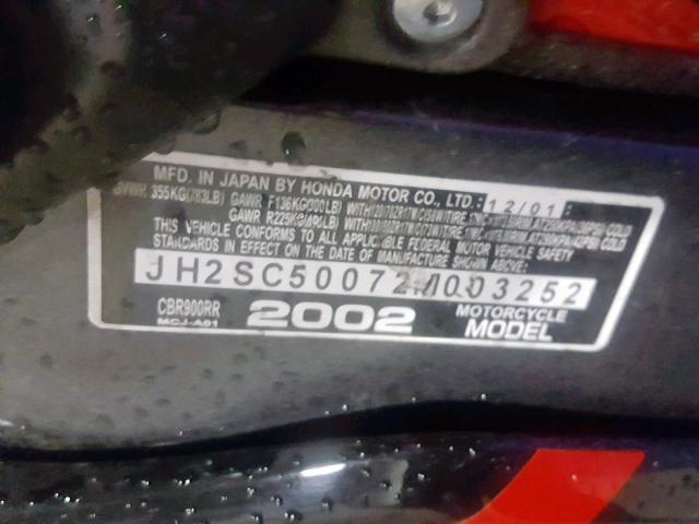 JH2SC50072M003252 - 2002 HONDA CBR900 RR RED photo 10