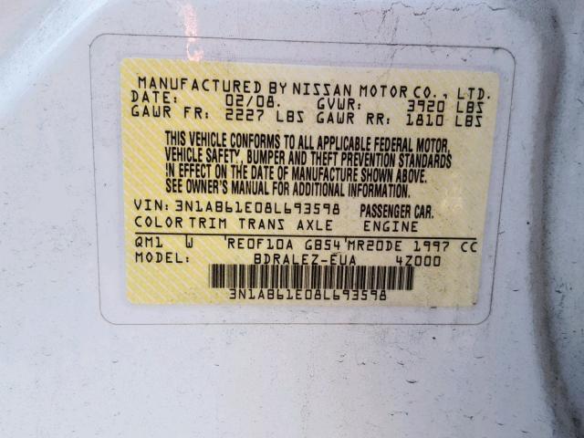 3N1AB61E08L693598 - 2008 NISSAN SENTRA 2.0 WHITE photo 10