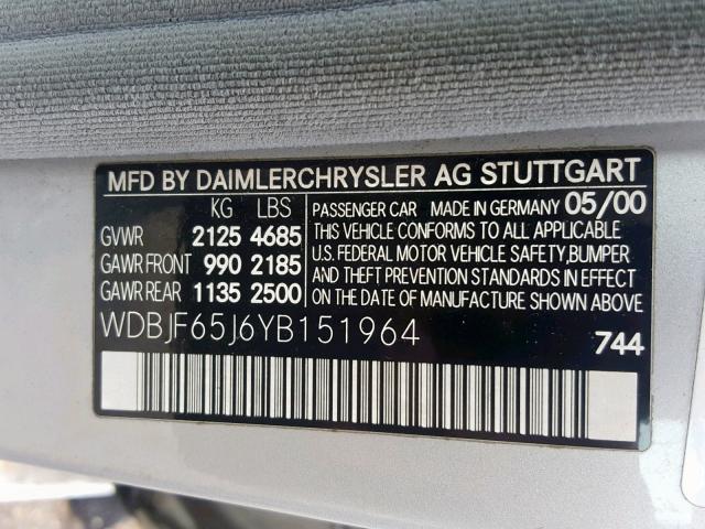 WDBJF65J6YB151964 - 2000 MERCEDES-BENZ E 320 SILVER photo 10