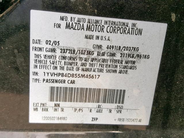 1YVHP84D855M45617 - 2005 MAZDA 6 S BLACK photo 10