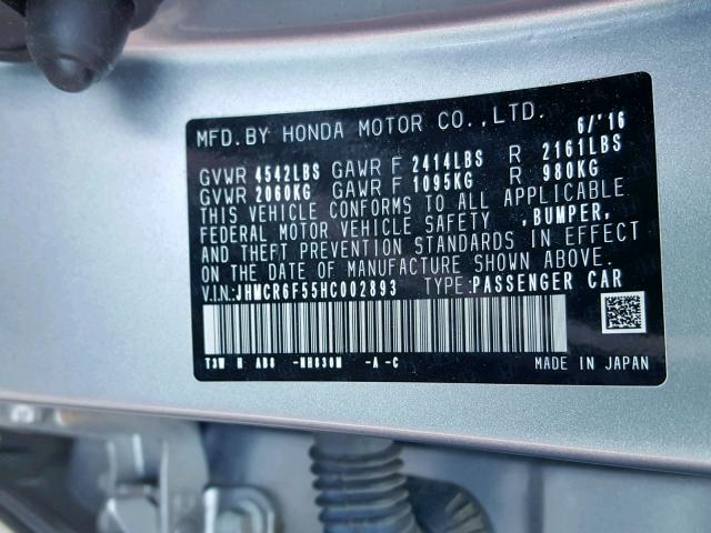 JHMCR6F55HC002893 - 2017 HONDA ACCORD HYB SILVER photo 10