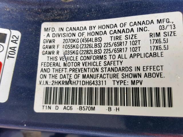 2HKRM4H71DH643311 - 2013 HONDA CR-V EXL BLUE photo 10