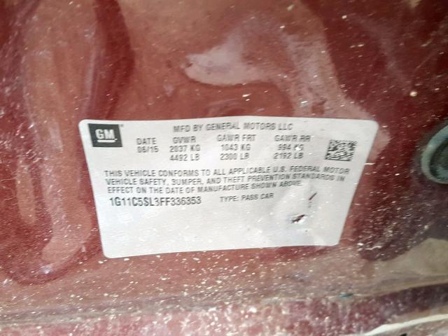 1G11C5SL3FF336353 - 2015 CHEVROLET MALIBU 1LT 红色 照片 10