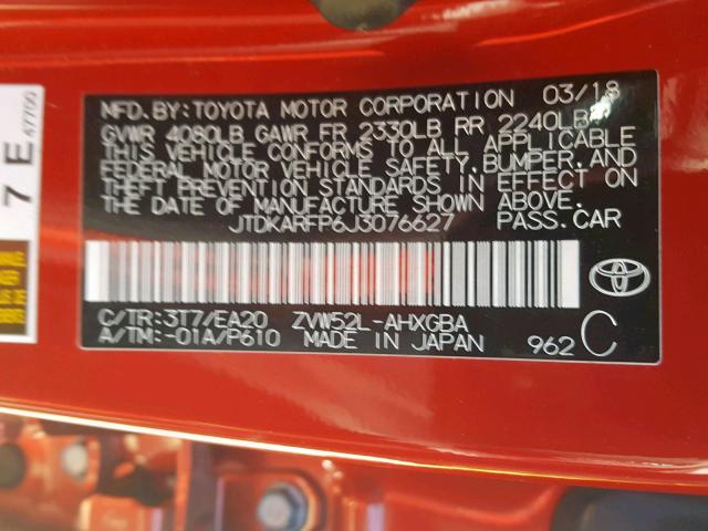 JTDKARFP6J3076627 - 2018 TOYOTA PRIUS PRIM 红色 照片 10