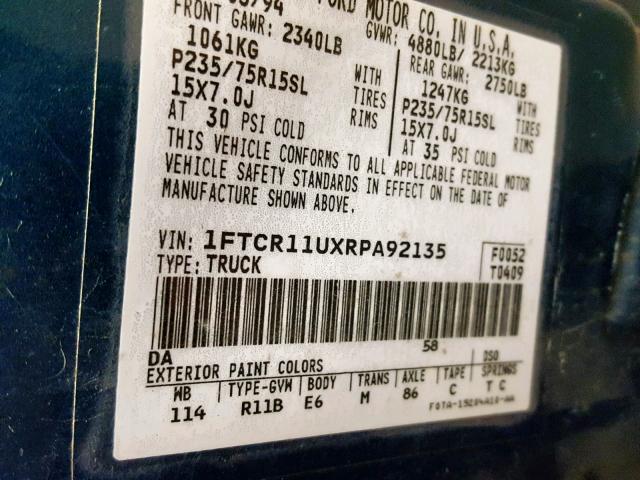 1FTCR11UXRPA92135 - 1994 FORD RANGER GREEN photo 10