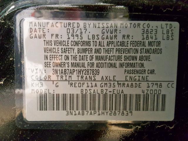 3N1AB7AP1HY287839 - 2017 NISSAN SENTRA S BLACK photo 10