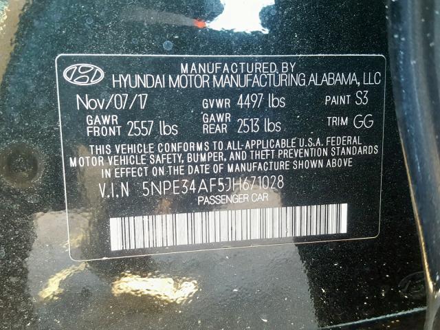 5NPE34AF5JH671028 - 2018 HYUNDAI SONATA SPO BLACK photo 10