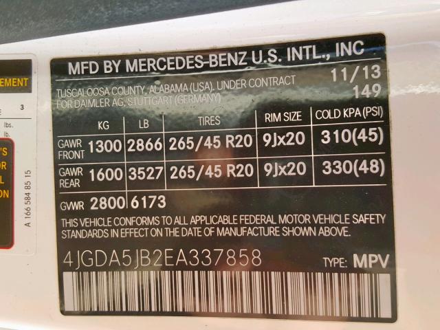 4JGDA5JB2EA337858 - 2014 MERCEDES-BENZ ML 350 WHITE photo 10